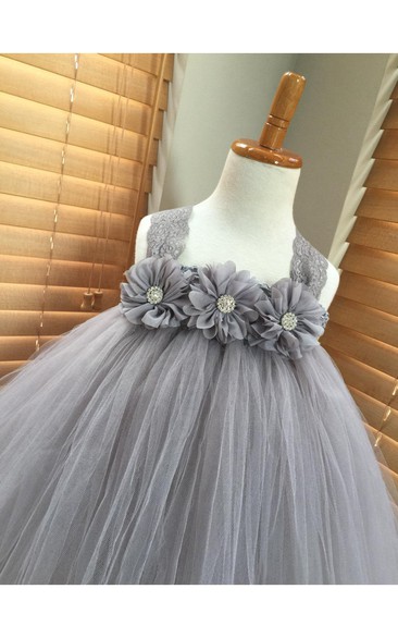Lace Straps Empire Floral Bodice Tulle Ball Gown With Bow Sash