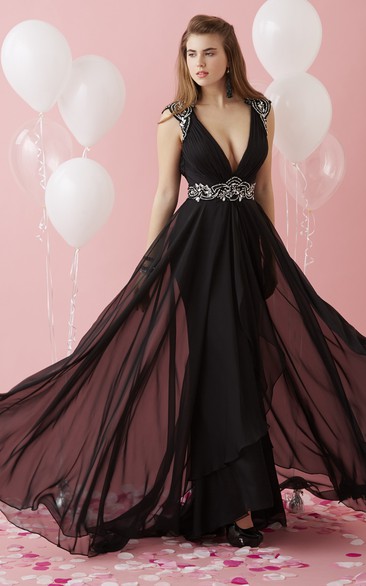 A-Line V-Neck Cap-Sleeve Chiffon Keyhole Dress With Beading And Waist Jewellery