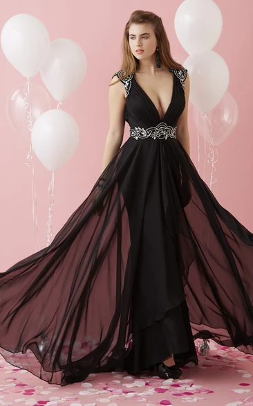 A-Line V-Neck Cap-Sleeve Chiffon Keyhole Dress With Beading And Waist Jewellery