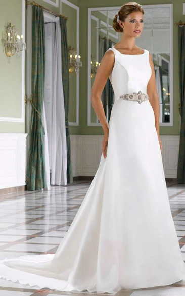 A-Line Bateau Long Jeweled Sleeveless Satin Wedding Dress With Court Train And Low-V Back