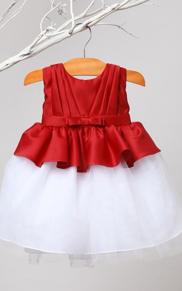 Knee-Length Peplum Pleated Tiered Tulle&Satin Flower Girl Dress With Sash