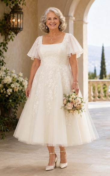 Plus Size Square Neck Tea Length Tulle Older Brides Wedding Dress