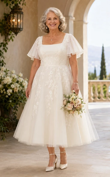 Plus Size Square Neck Tea Length Tulle Older Brides Wedding Dress
