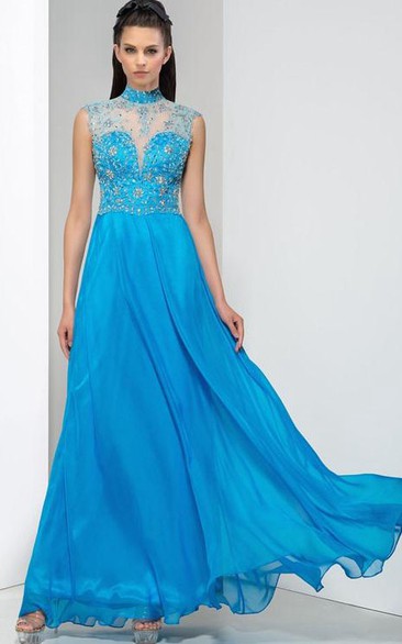 A-Line High Neck Crystal Appliques Hollow Prom Dress