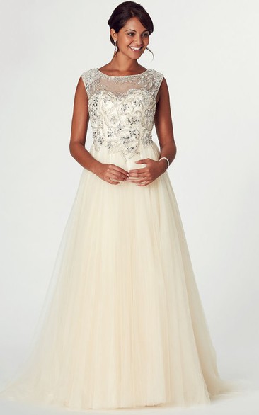 A-Line Sleeveless Scoop Neck Beaded Tulle Prom Dress