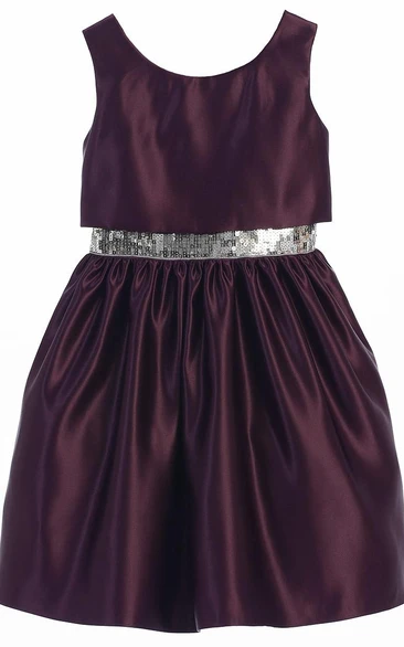 Tea-Length Sleeveless Sequins&Satin Flower Girl Dress