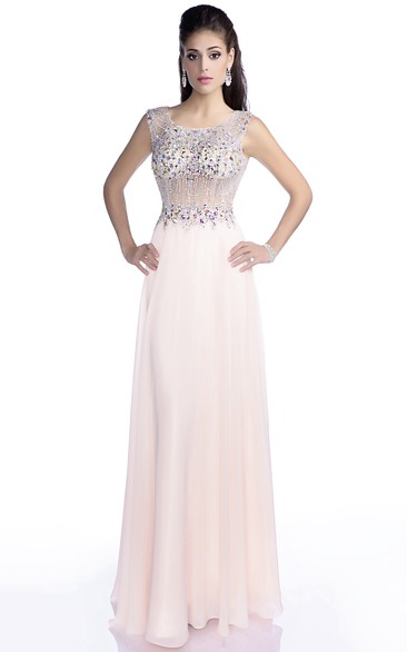 A-Line Chiffon Sleeveless Bateau Neck Prom Dress With Rhinestone Bodice And Keyhole Back