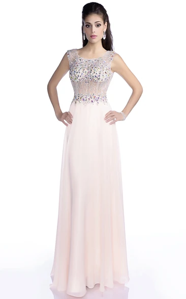 A-Line Chiffon Sleeveless Bateau Neck Prom Dress With Rhinestone Bodice And Keyhole Back