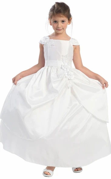 Ankle-Length Floral Tiered Lace&Taffeta Flower Girl Dress With Sash