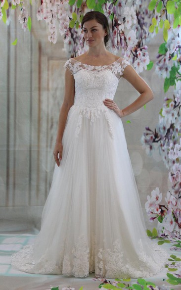 Bateau Neck Cap Sleeve A-Line Lace and Tulle Dress With Low-V Back