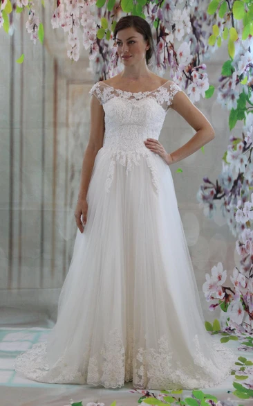 Bateau Neck Cap Sleeve A-Line Lace and Tulle Dress With Low-V Back