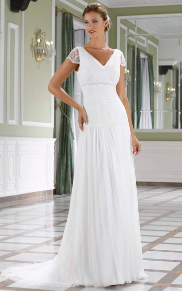 Long V-Neck Beaded Cap-Sleeve Chiffon Wedding Dress With Ruching And V Back