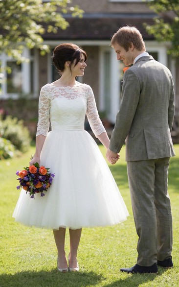 Half Sleeve Tulle & Lace Vow Renewal Dress