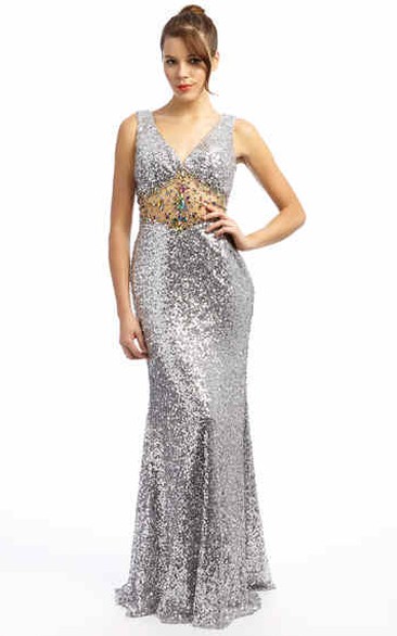 Trumpet Sleeveless Beaded V-Neck Long Sequins Prom Dress