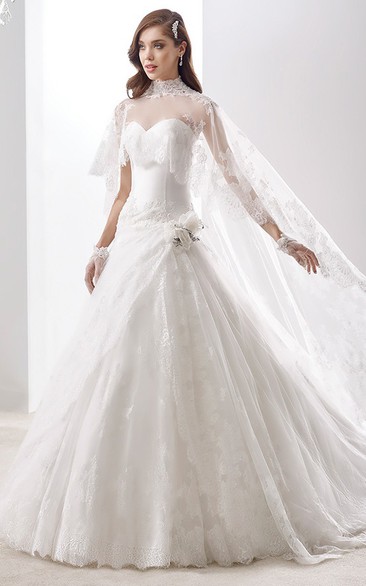 High-Neck Cape-Train A-Line Bridal Gown With Side Floral Ruffles And Brush Train
