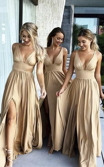 Plunging V-neck Sleeveless Empire Front Split Champagne Bridesmaid Dress With Pleats