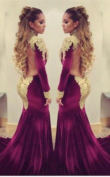 Stunning Long Sleeve Golden Appliques Evening Dresses Mermaid With Train