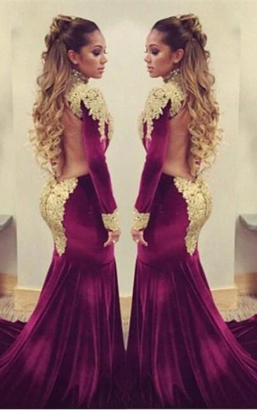 Stunning Long Sleeve Golden Appliques Evening Dresses Mermaid With Train