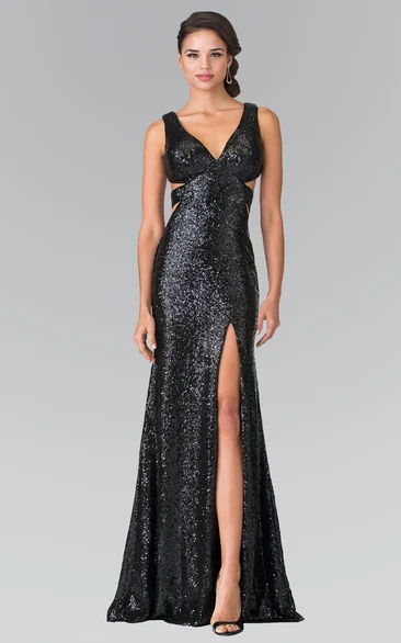 Sheath Long V-Neck Sleeveless Sequins Backless Dress With Split Front And Pleats