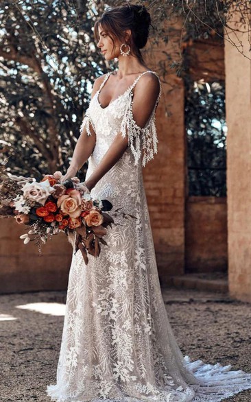 White Lace Wedding Gown with Deep V-Neck