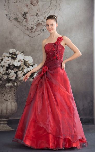 Single-Strap Ruched Sleeveless Stress and Ball-Gown With Flower