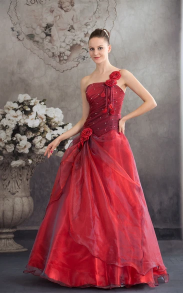 Single-Strap Ruched Sleeveless Stress and Ball-Gown With Flower