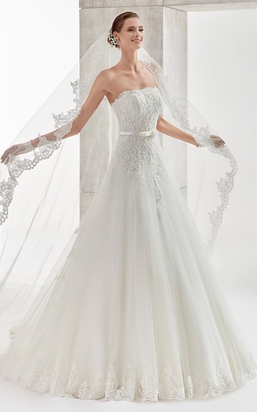 Strapless A-Line Wedding Dress with Appliques and Tulle Skirt