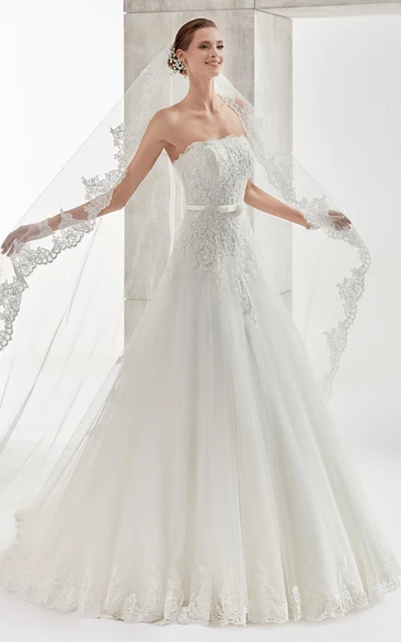 Strapless A-Line Wedding Dress with Appliques and Tulle Skirt
