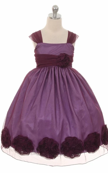 Floral Tea-Length Floral Pleated Empire Flower Girl Dress With Ribbon