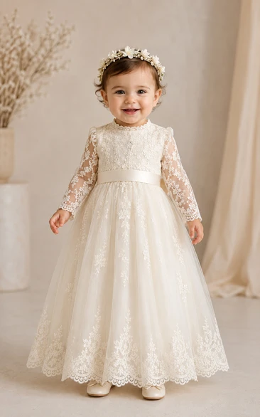 Baby Christening Gown Modest Princess Ball Gown Long Sleeve Illusion Tulle Lace Floor-Length with Bow Sash in Ivory