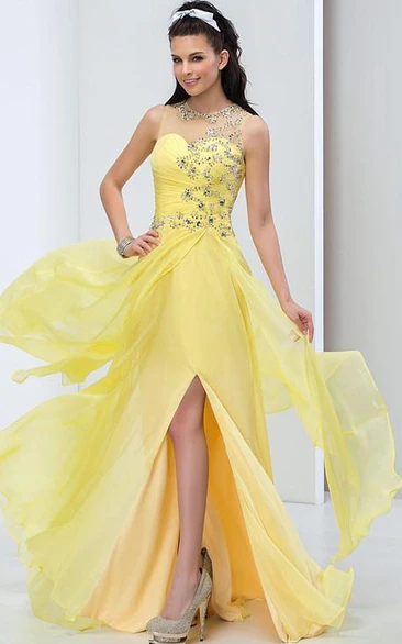 Beading Pleats Side-Split Long Prom Dress