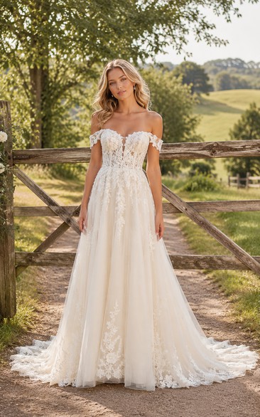 Off-the-Shoulder A-Line Lace Country Wedding Dress with Chapel Train