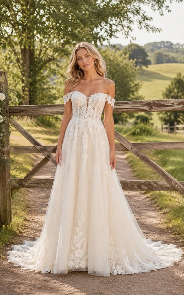 Off-the-Shoulder A-Line Lace Country Wedding Dress with Chapel Train