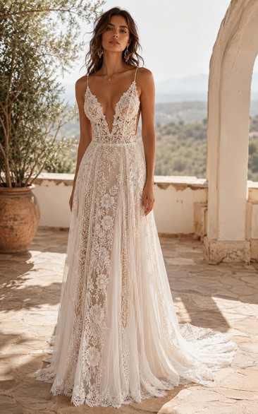Sexy A-Line Wedding Dress Sleeveless V-Neck Tulle Lace Applique Floor Length Chapel Train Ivory