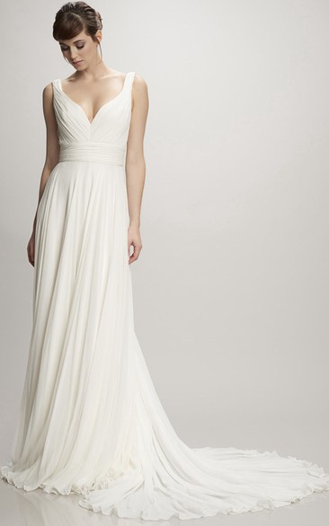 Long V-Neck Ruched Chiffon Simple Wedding Dress With Court Train And V Back