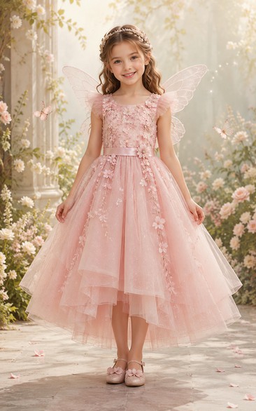 Blushing Pink High-Low A-Line Lace Flower Girl Dress with Appliques, Ruffles, Floral Details
