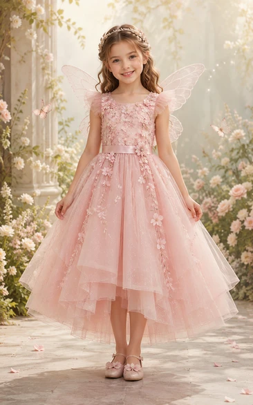 Blushing Pink High-Low A-Line Lace Flower Girl Dress with Appliques, Ruffles, Floral Details