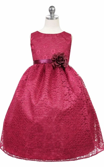 Midi Bowed Floral Tulle&Lace Flower Girl Dress With Ribbon