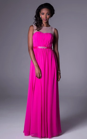 Sheath Floor-Length Sleeveless Ruched Scoop-Neck Chiffon Bridesmaid Dress With Waist Jewellery