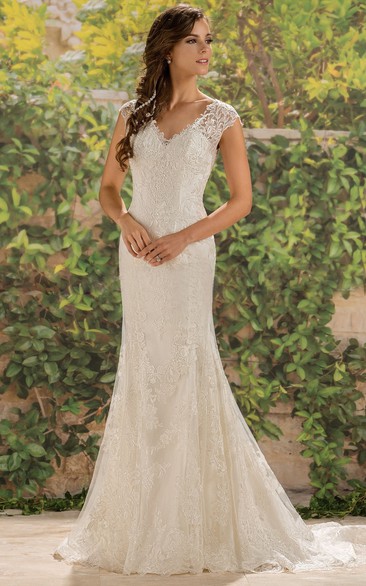 V-Neck Cap-Sleeved Lace-Appliqued Wedding Dress With Illusion Back