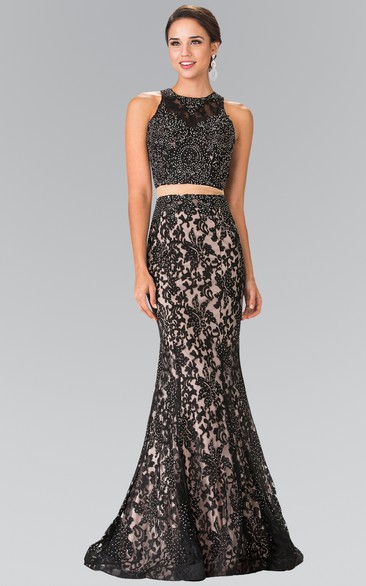 Two-Piece Mermaid Jewel-Neck Sleeveless Lace Illusion Dress With Beading