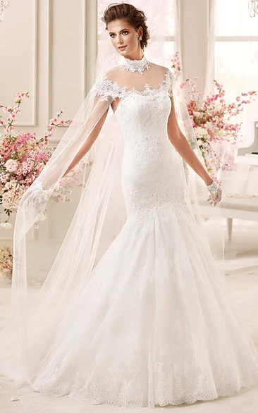 High-neck Applique Mermaid Wedding Dress with Long Tulle Cap