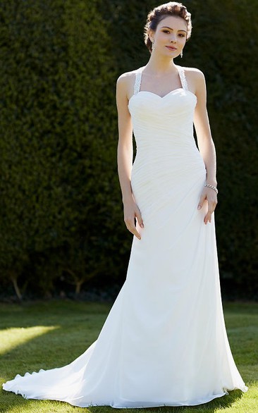 Halter Floor-Length Criss-Cross Chiffon Wedding Dress With Court Train And Keyhole