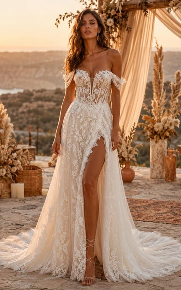 Off-the-Shoulder Boho Wedding Dress with Floral Lace Corset, High Slit & Airy A-Line Train