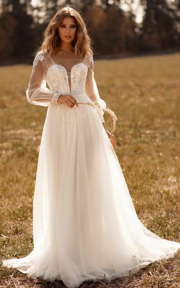 Illusion Long Sleeve Country A-line Tulle Lace Wedding Dress