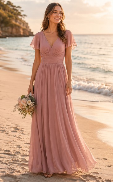 Dusty Rose Beach Flutter Sleeve Chiffon Dress