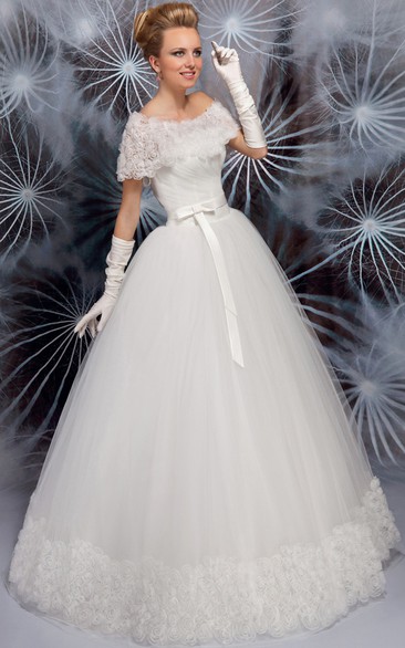 Scoop Long Ruched Cape Tulle Wedding Dress With Flower