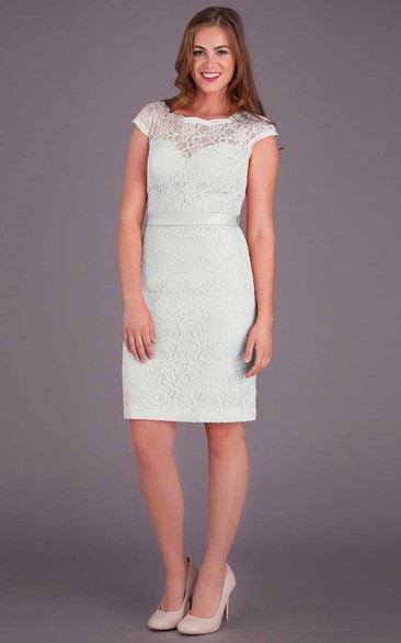 Scoop Knee-Length Cap-Sleeve Lace Wedding Dress