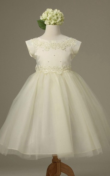 Tea-Length Appliqued Cap-Sleeve Tulle&Lace Flower Girl Dress