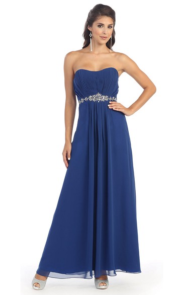 A-Line Strapless Chiffon Corset Back Dress With Waist Jewellery And Pleats